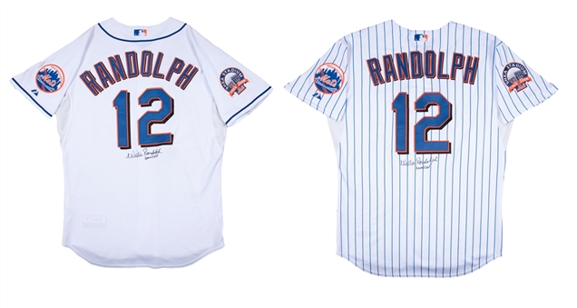 Lot of (2) 2008 Willie Randolph Game Used and Signed New York Mets Home and All White Alternate Manager Jerseys - Final Season (Randolph LOA)